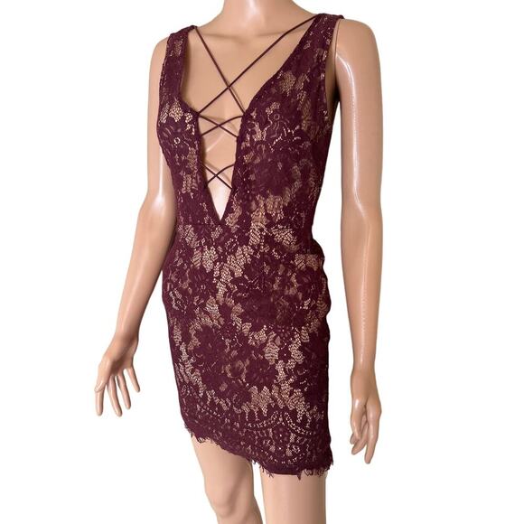 TOBI GABI PLUNGING LACE UP MINI DRESS - WINE & NUDE body con SZ XS corset top - Picture 9 of 10